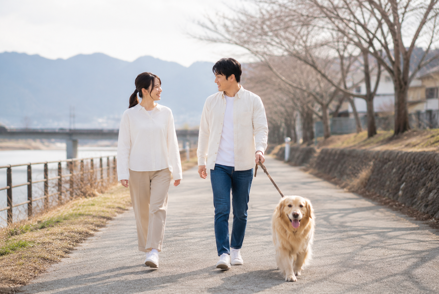 犬と散歩するカップル